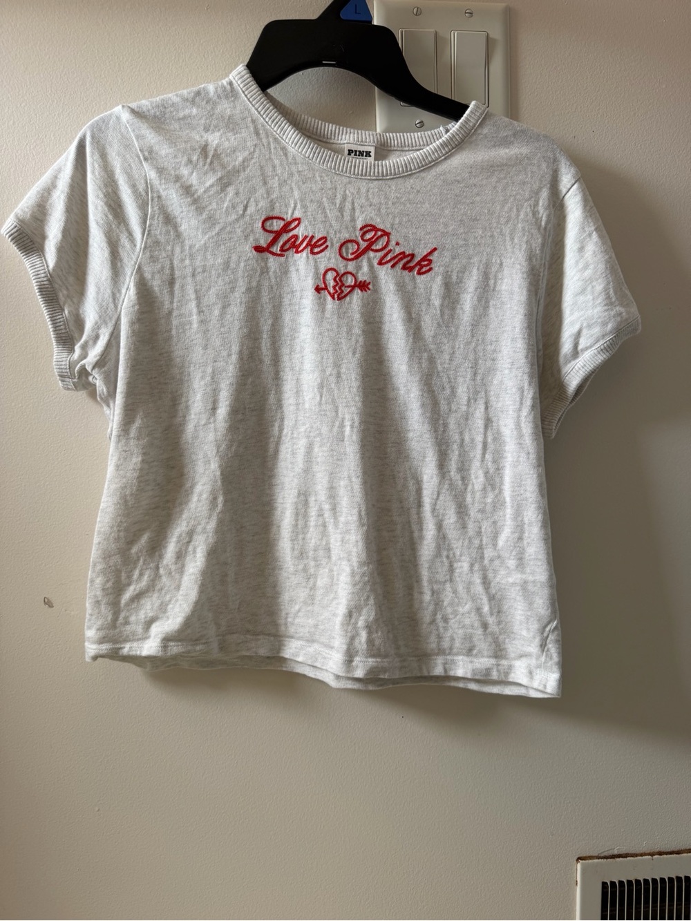 PINK Victoria's Secret White Tee with Red 'Love Pink' Embroidery